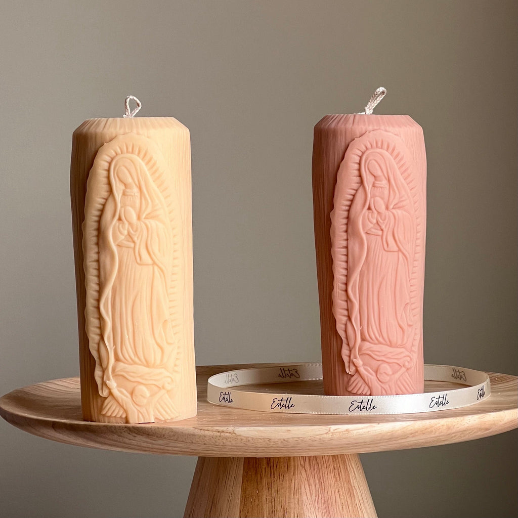 Mother Mary Soy Pillar Candle: Sculptural Catholic Candle