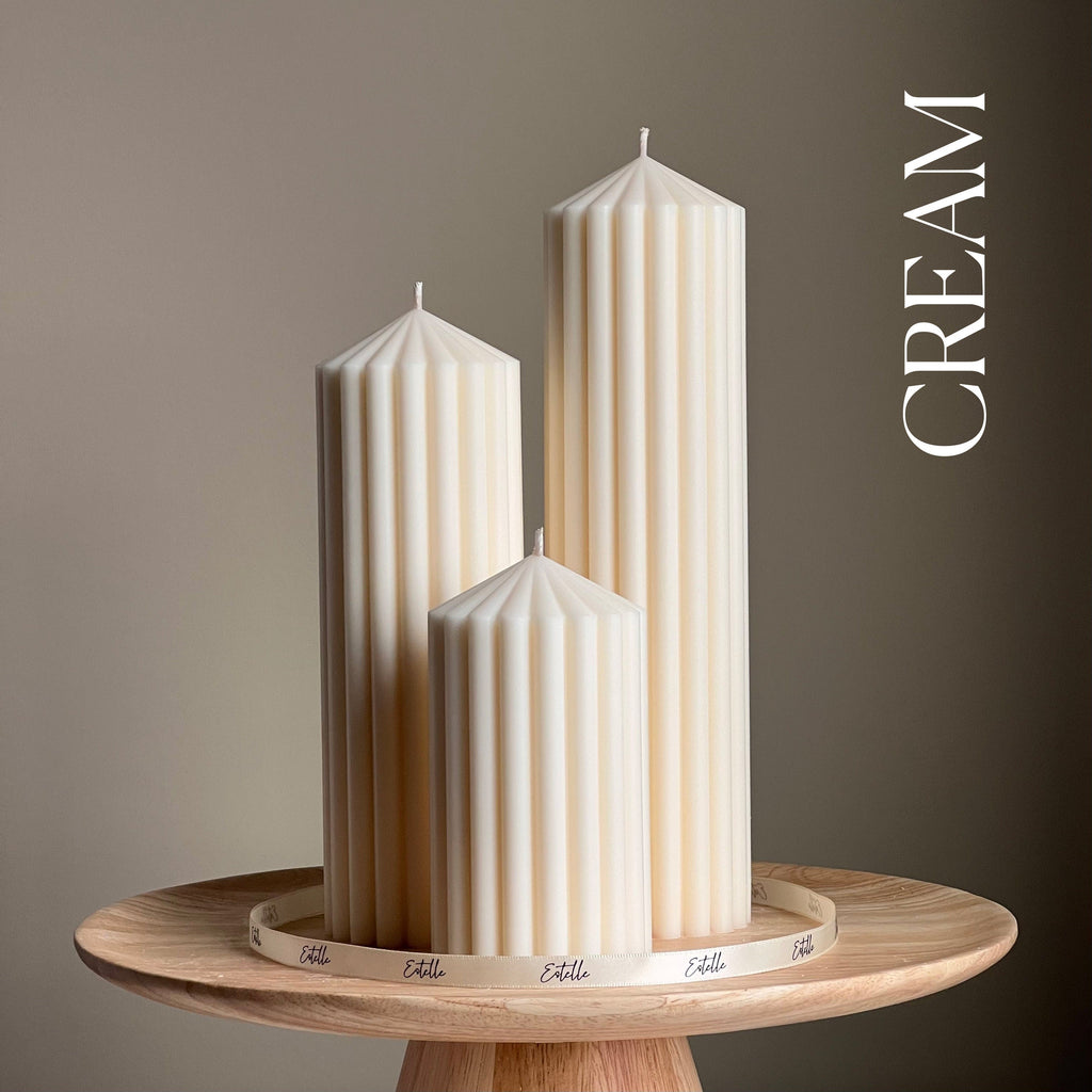 Trio de chandelles piliers pointe nervurée | cire de soja végane, décor esthétique