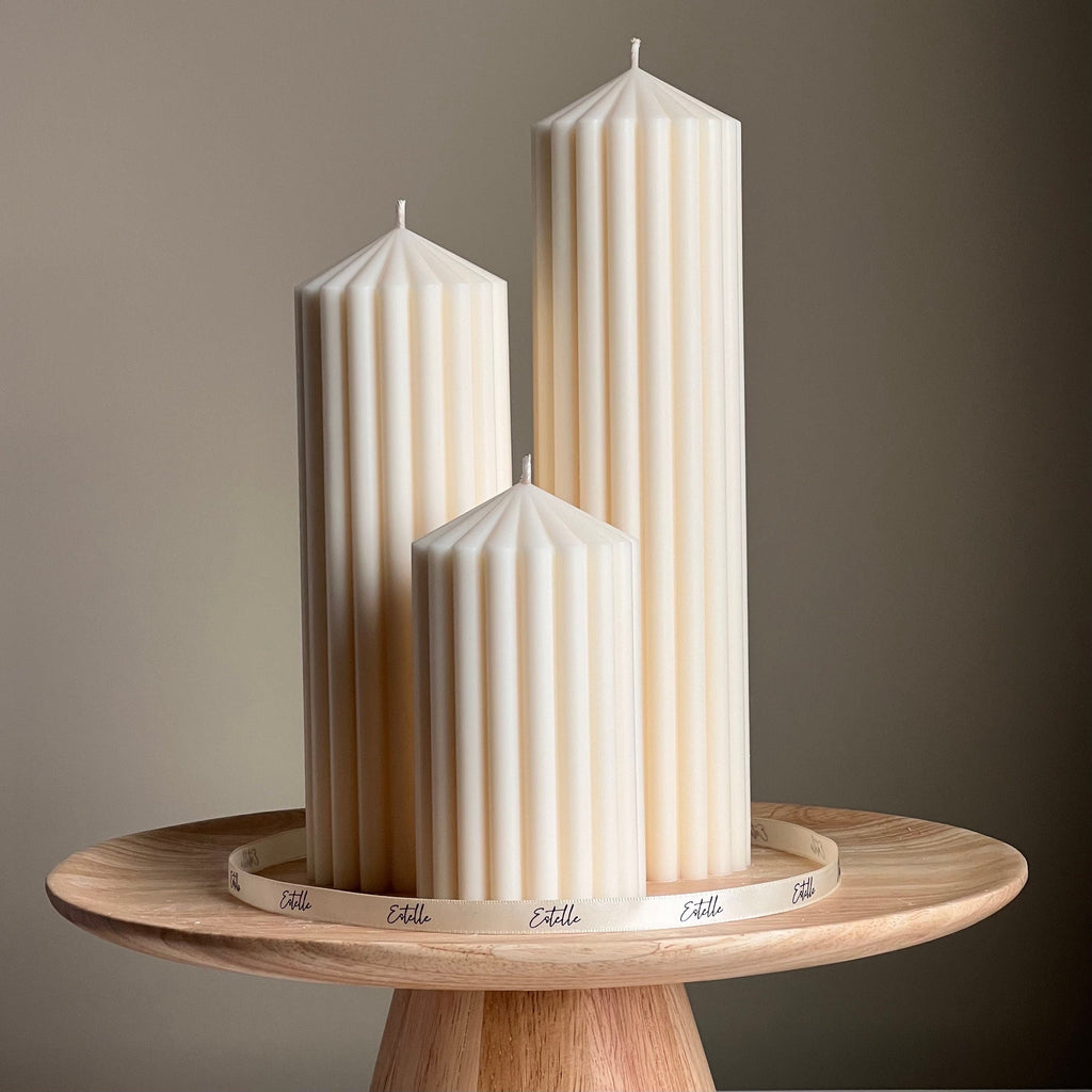 Trio de chandelles piliers pointe nervurée | cire de soja végane, décor esthétique