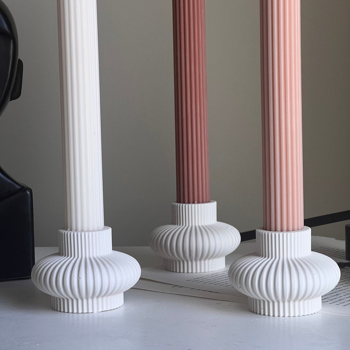 Ribbed Jesmonite Taper Candle Holder: Minimalist Table Decor