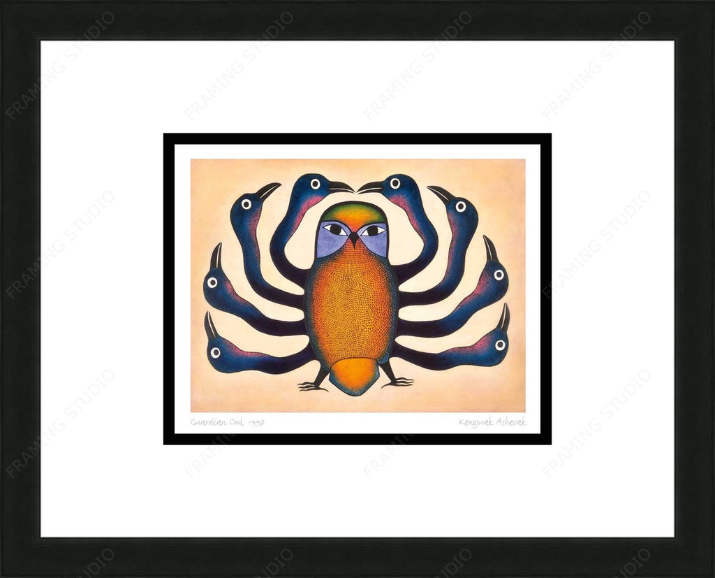 Guardian Owl, 1997 par Kenojuak Ashevak, carte d'art autochtone inuit, décor autochtone, carte encadrée