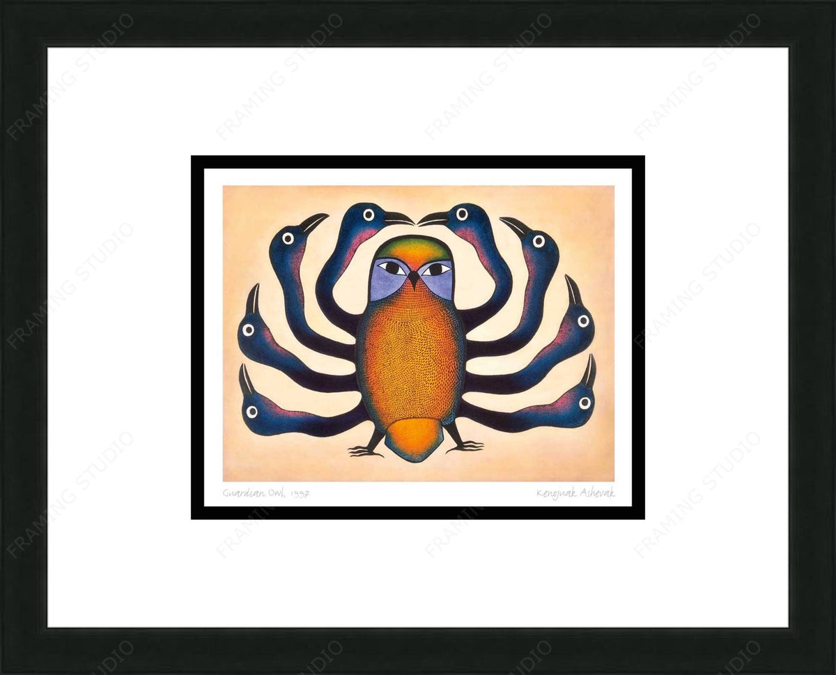 Guardian Owl, 1997 par Kenojuak Ashevak, carte d'art autochtone inuit, décor autochtone, carte encadrée