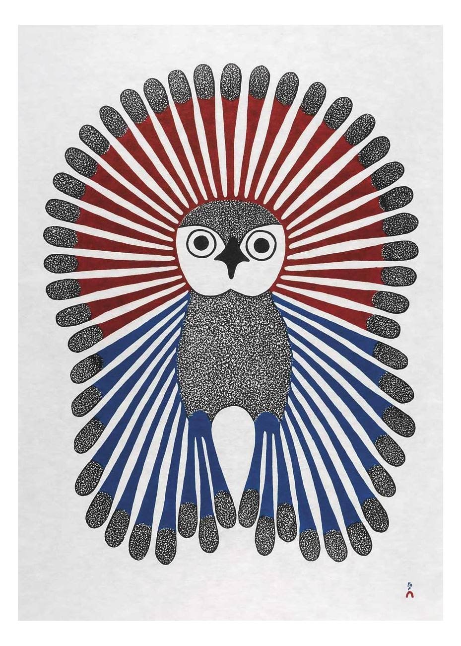 Jeune Hibou Éclatant, 2001 par Kenojuak Ashevak, carte d'art autochtone inuite, décor autochtone, carte d'art encadrée