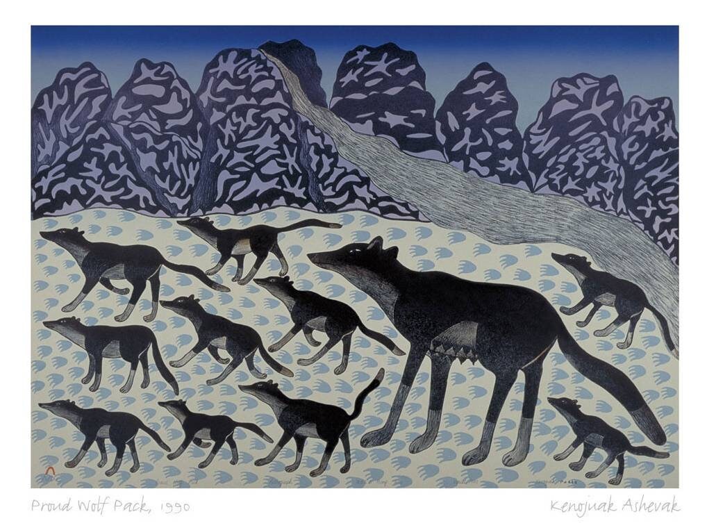 Proud Wolf Pack, 1990 par Kenojuak Ashevak, carte d'art autochtone inuit, décor autochtone, carte d'art encadrée