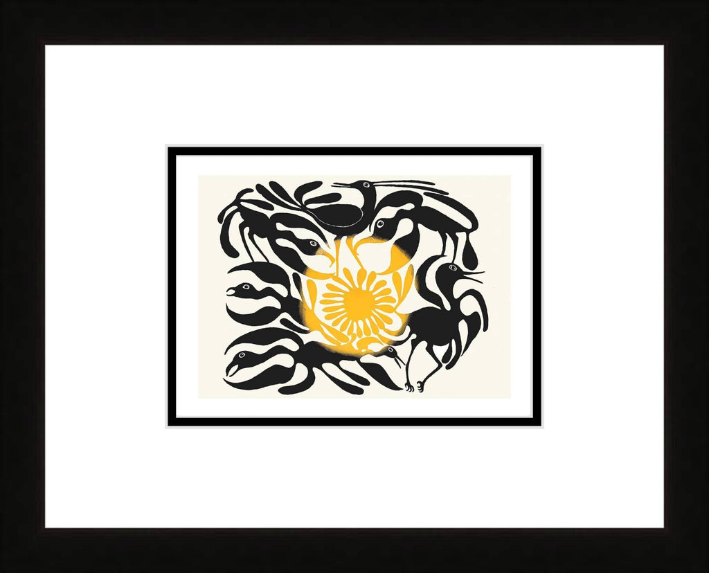 L'arrivée du soleil, 1962, gravure sur pierre par Kenojuak Ashevak, carte d'art inuit autochtone, décor autochtone, carte d'art encadrée