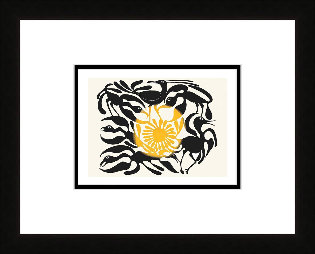 L'arrivée du soleil, 1962, gravure sur pierre par Kenojuak Ashevak, carte d'art inuit autochtone, décor autochtone, carte d'art encadrée