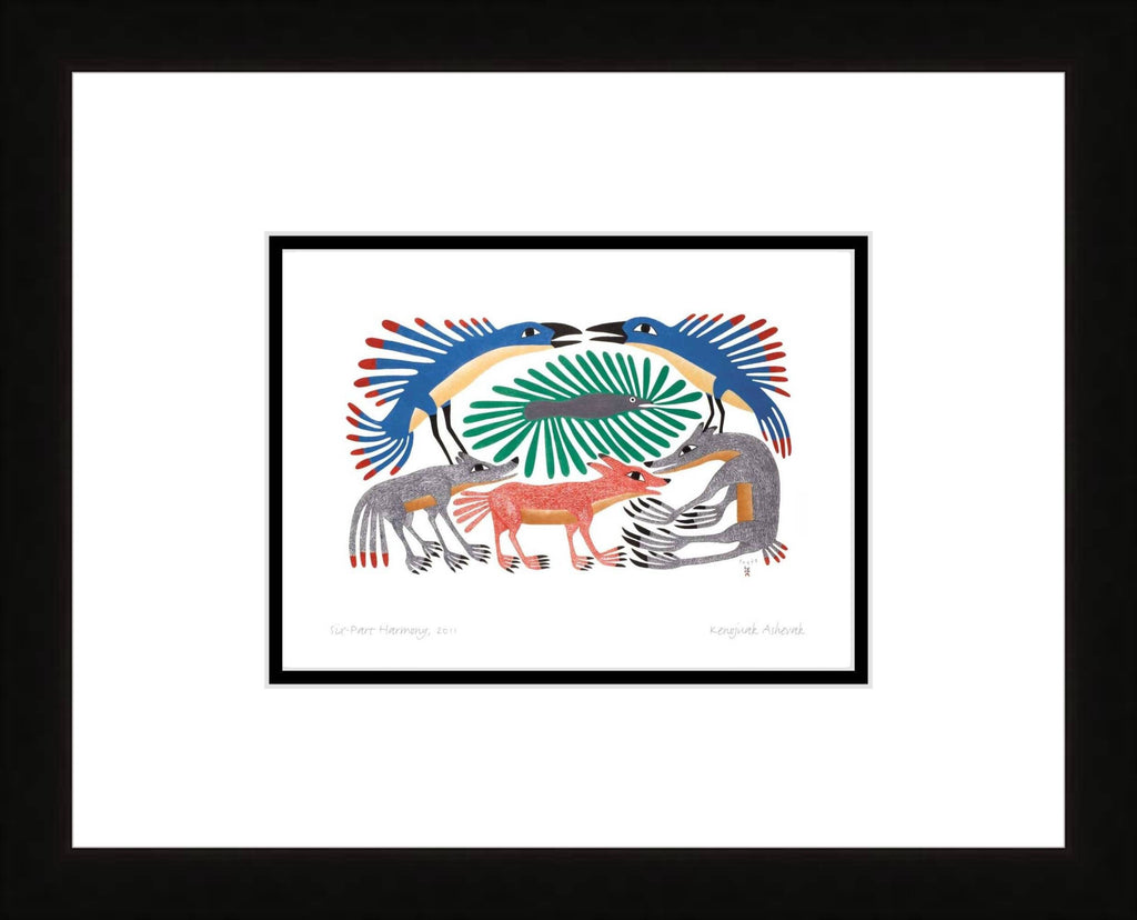 Six-Part Harmony, 2011 par Kenojuak Ashevak, carte d'art autochtone inuit, décor autochtone, carte d'art encadrée