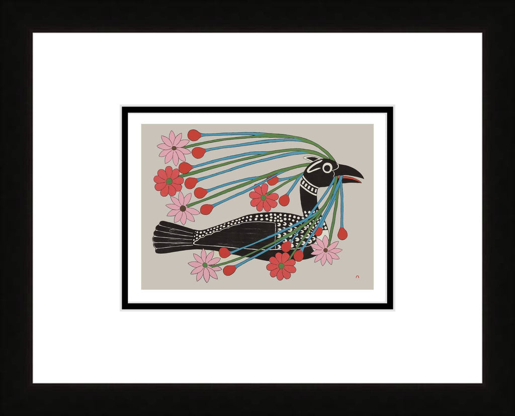 Parade nuptiale du huard, lithographie de 2008 par Kenojuak Ashevak, carte d'art autochtone inuite, décor autochtone, carte d'art encadrée