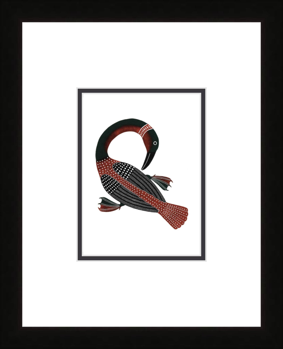 Preening Loon par Kenojuak Ashevak, carte d'art inuit autochtone, décor autochtone, carte d'art encadrée