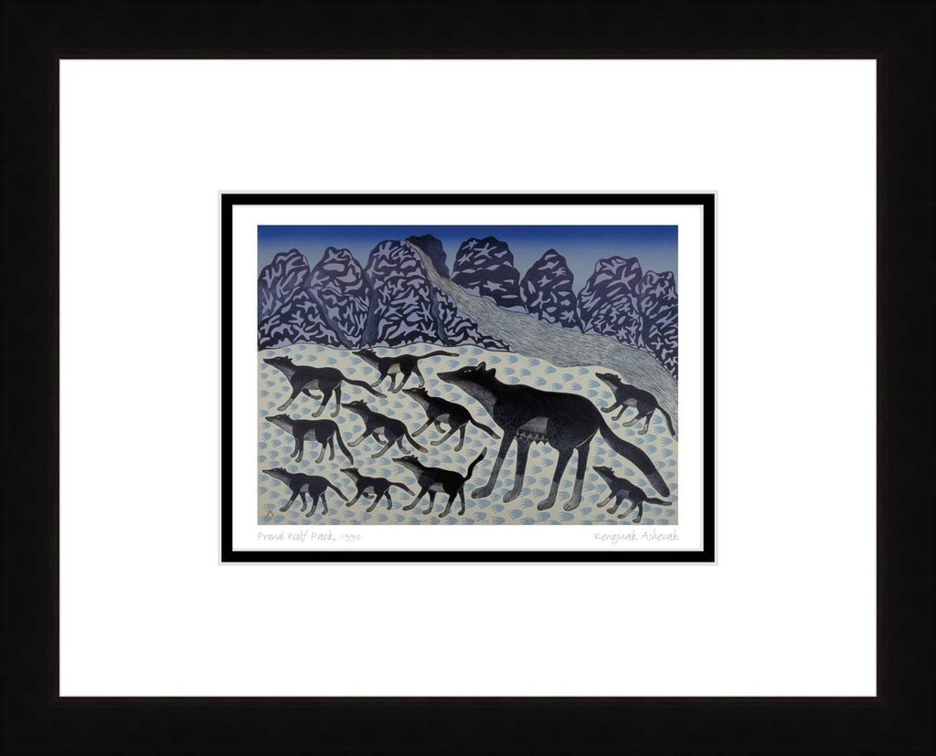 Proud Wolf Pack, 1990 par Kenojuak Ashevak, carte d'art autochtone inuit, décor autochtone, carte d'art encadrée