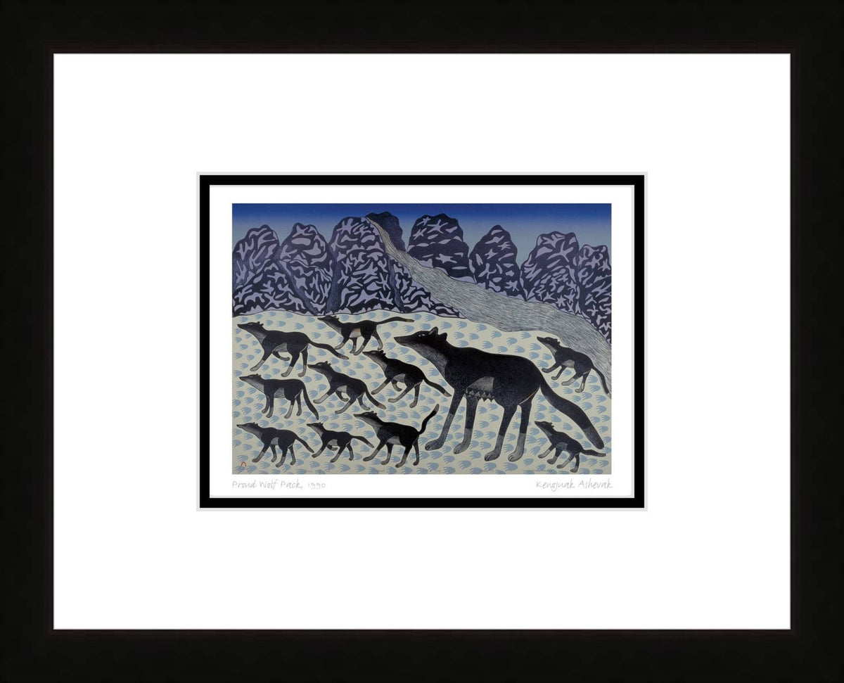 Proud Wolf Pack, 1990 par Kenojuak Ashevak, carte d'art autochtone inuit, décor autochtone, carte d'art encadrée