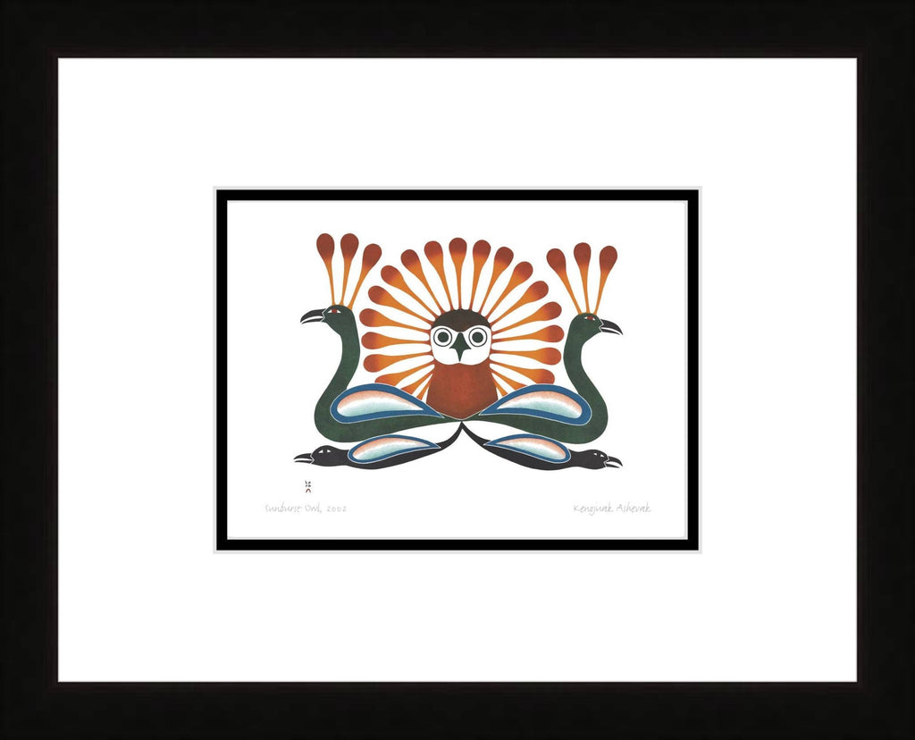 Hibou éclatant, 2002 par Kenojuak Ashevak, carte d'art inuit autochtone, décor autochtone, carte d'art encadrée