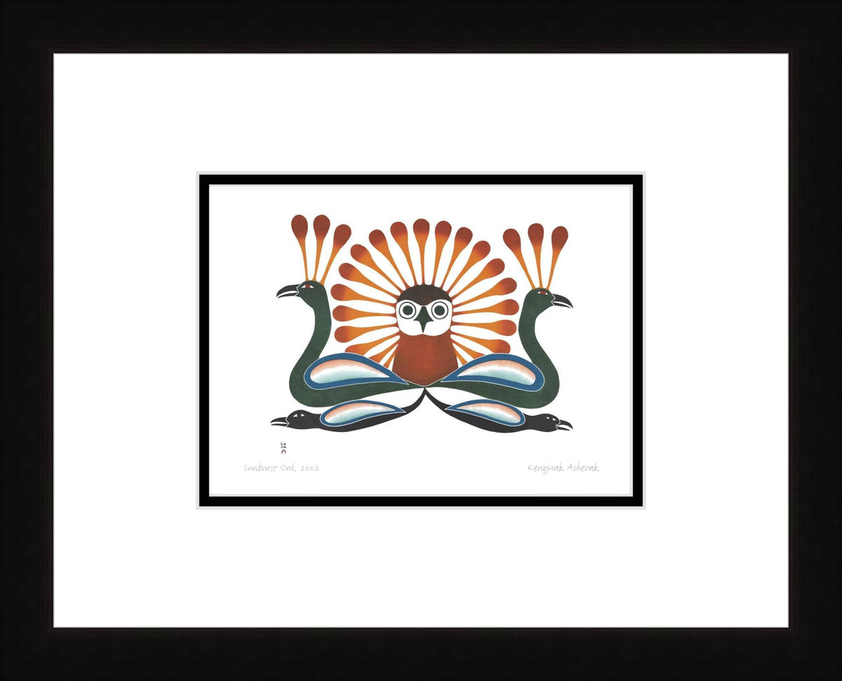 Hibou éclatant, 2002 par Kenojuak Ashevak, carte d'art inuit autochtone, décor autochtone, carte d'art encadrée