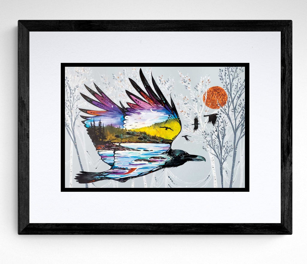 Raven's Flight par Carla Joseph, Estampe d'art autochtone, Premières Nations, Amérindiens, Cri, Métis, Art encadré
