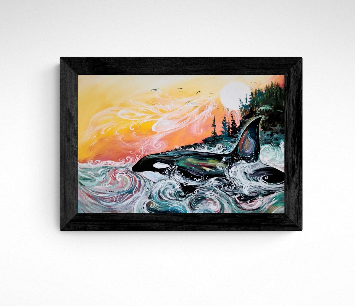 Killer Whale Sunset par Carla Joseph, impression d'art autochtone, Premières Nations, Autochtones d'Amérique, Cris, Métis, œuvre encadrée