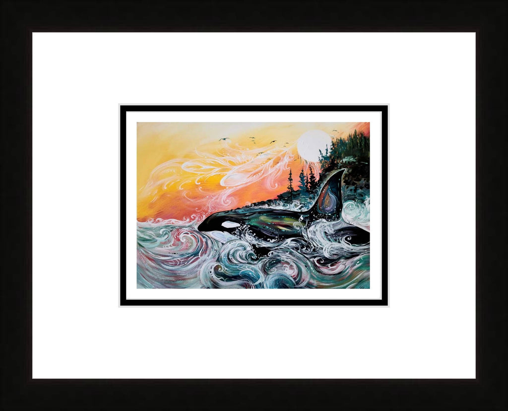 Killer Whale Sunset par Carla Joseph, impression d'art autochtone, Premières Nations, Autochtones d'Amérique, Cris, Métis, œuvre encadrée
