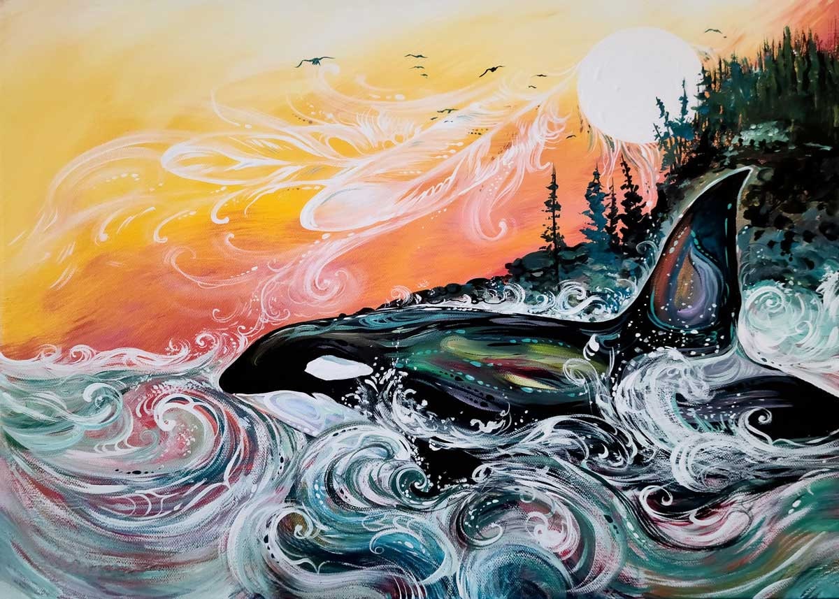 Killer Whale Sunset par Carla Joseph, impression d'art autochtone, Premières Nations, Autochtones d'Amérique, Cris, Métis, œuvre encadrée