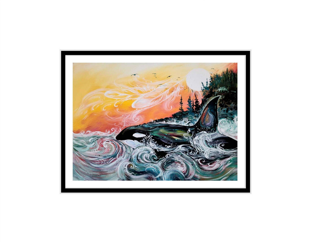 Killer Whale Sunset par Carla Joseph, impression d'art autochtone, Premières Nations, Autochtones d'Amérique, Cris, Métis, œuvre encadrée