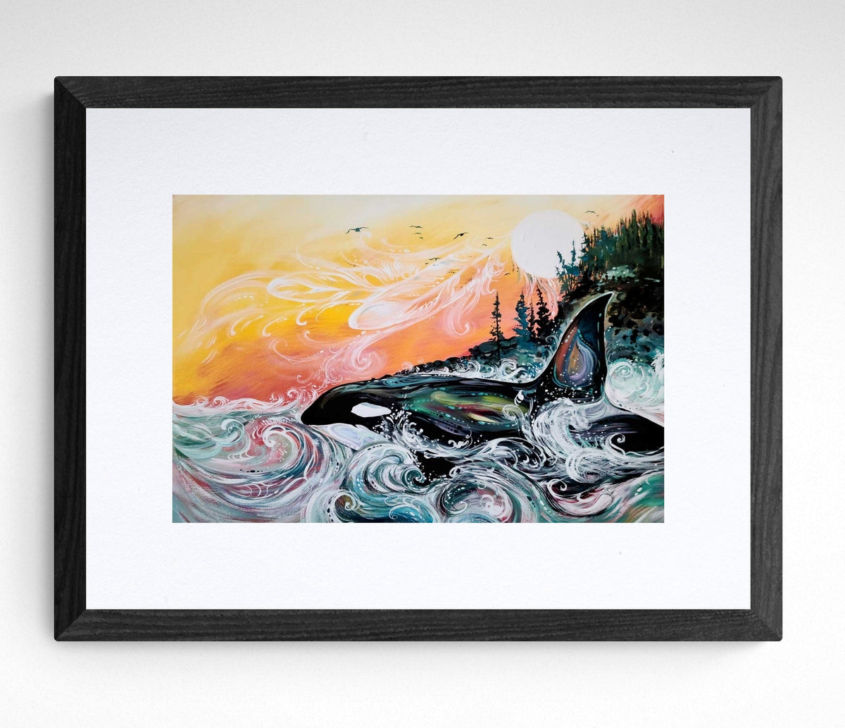 Killer Whale Sunset par Carla Joseph, impression d'art autochtone, Premières Nations, Autochtones d'Amérique, Cris, Métis, œuvre encadrée