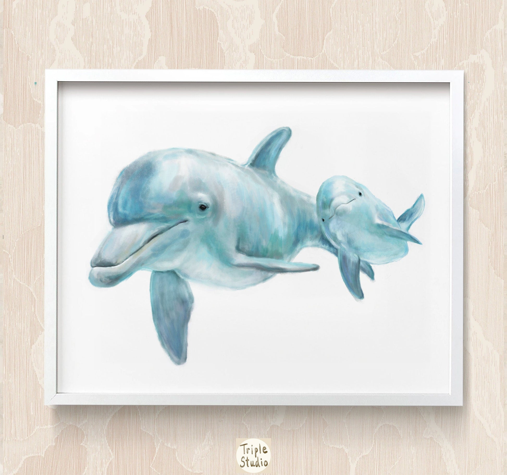 Bébé dauphin et sa maman, illustration sur l'océan