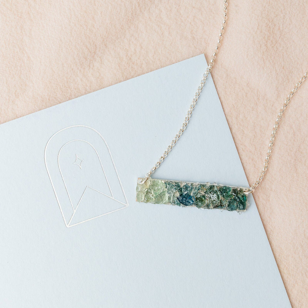 Teal ombre raw gemstone mosaic bar necklace