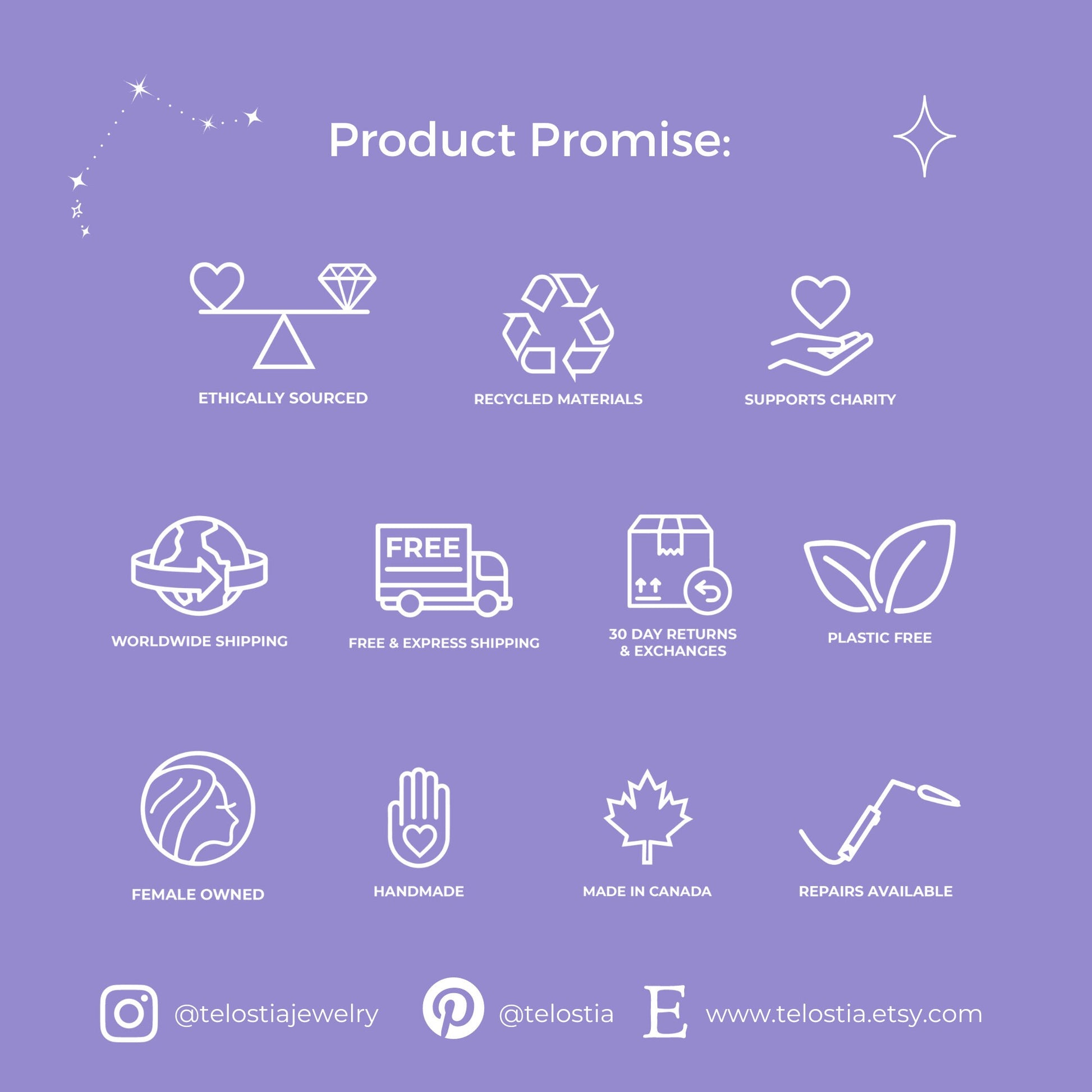 a purple background with white outline icons
