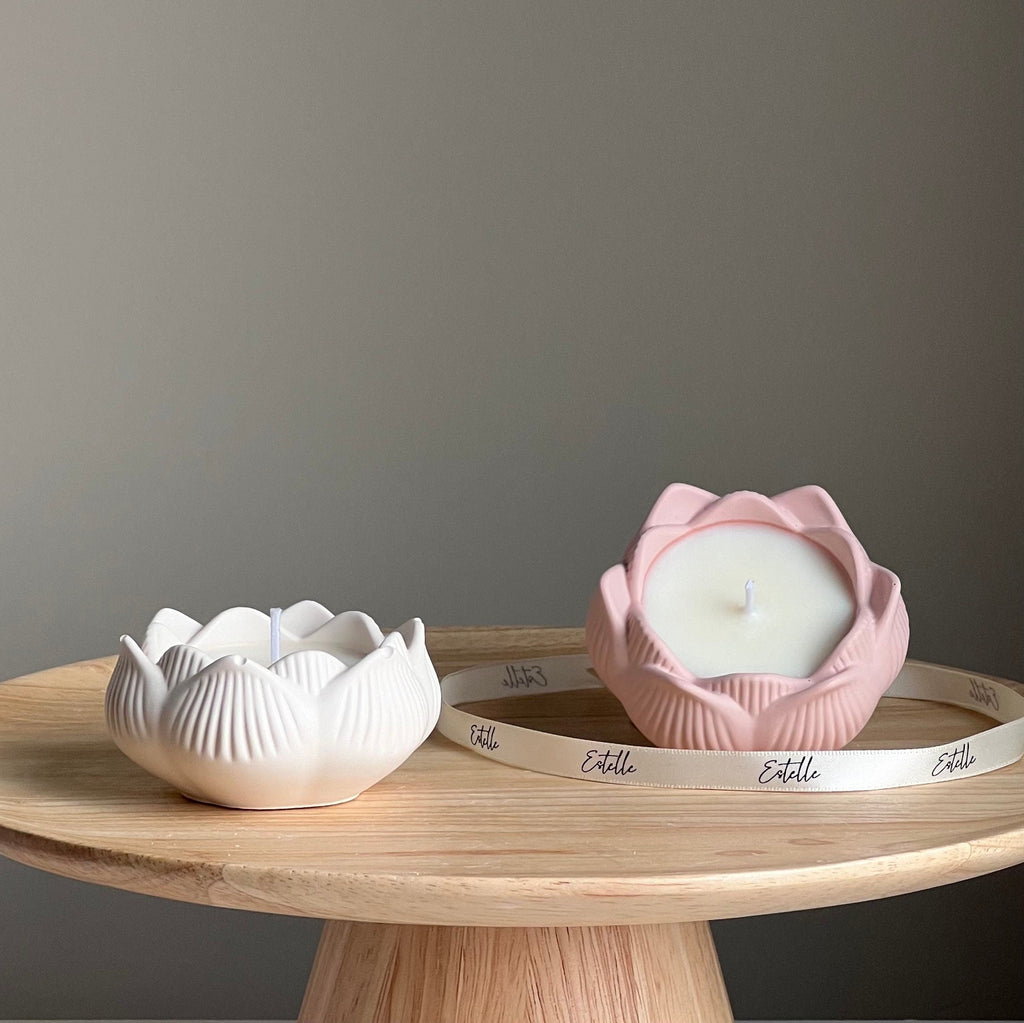 Lotus Jar Soy Wax Candle: Handmade Jesmonite Vessel, Wood Wick