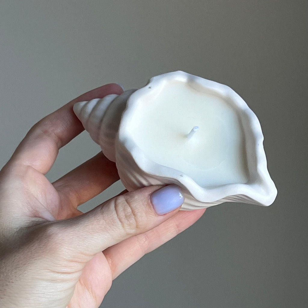 Bougie pot coquillage en cire de soya | Contenant en jesmonite fait à la main