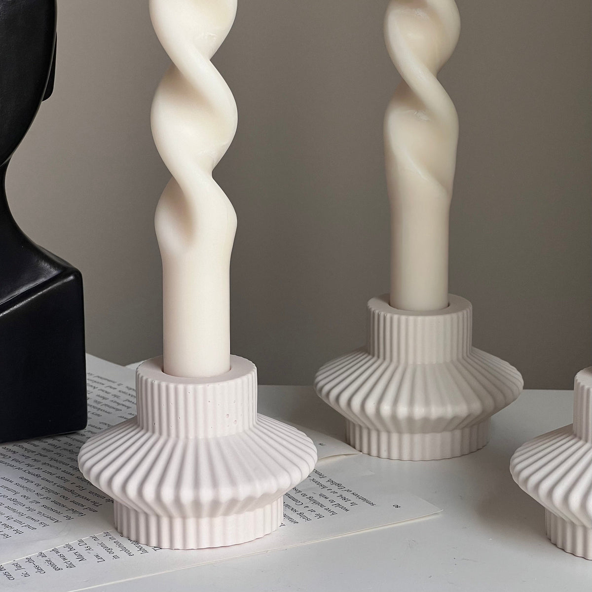 Ribbed Jesmonite Taper Candle Holder: Minimalist Table Decor