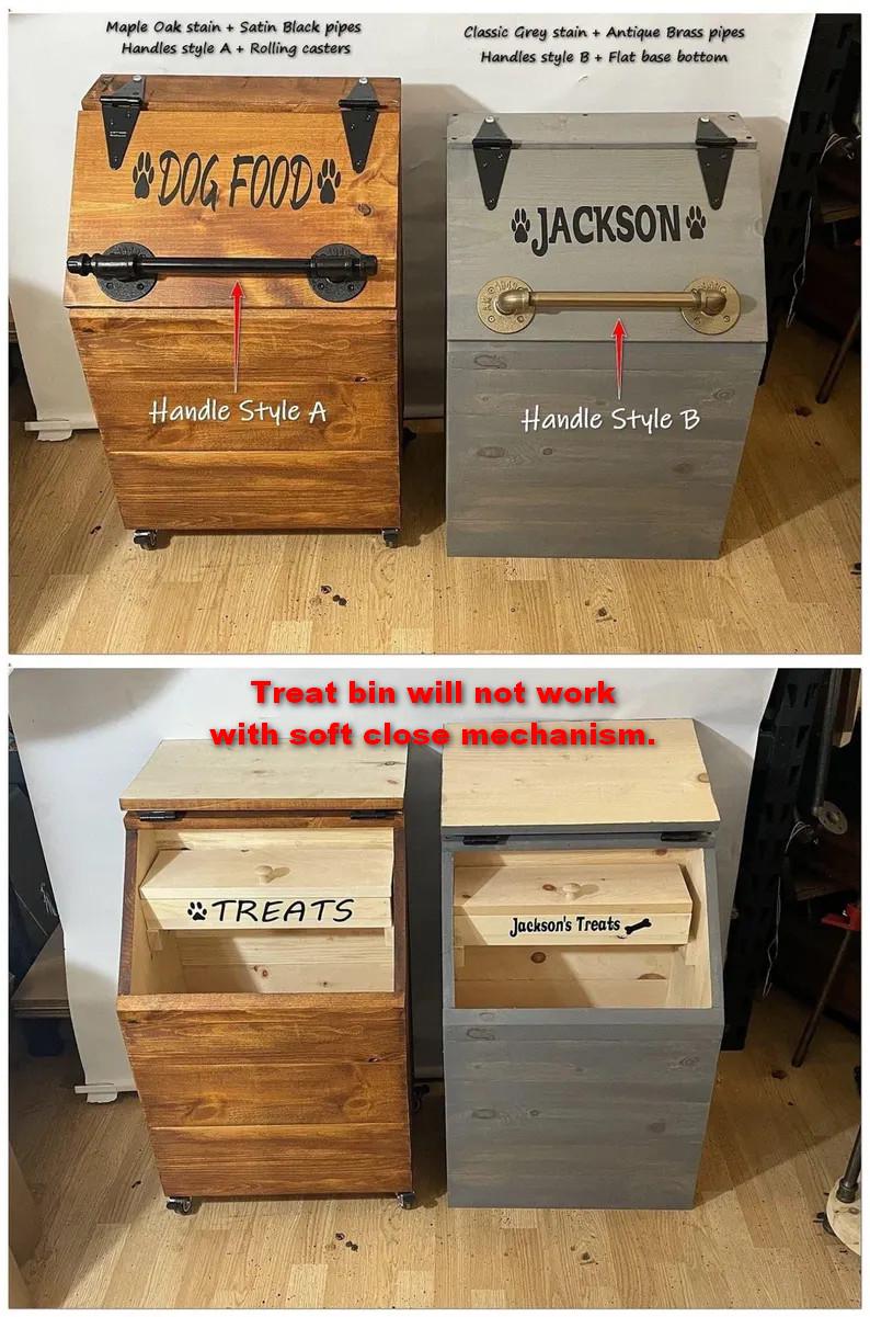 Le bac de stockage de nourriture pour chien en bois de très grande taille peut contenir des sacs de 40 lb avec une boîte de friandises crues à l'intérieur