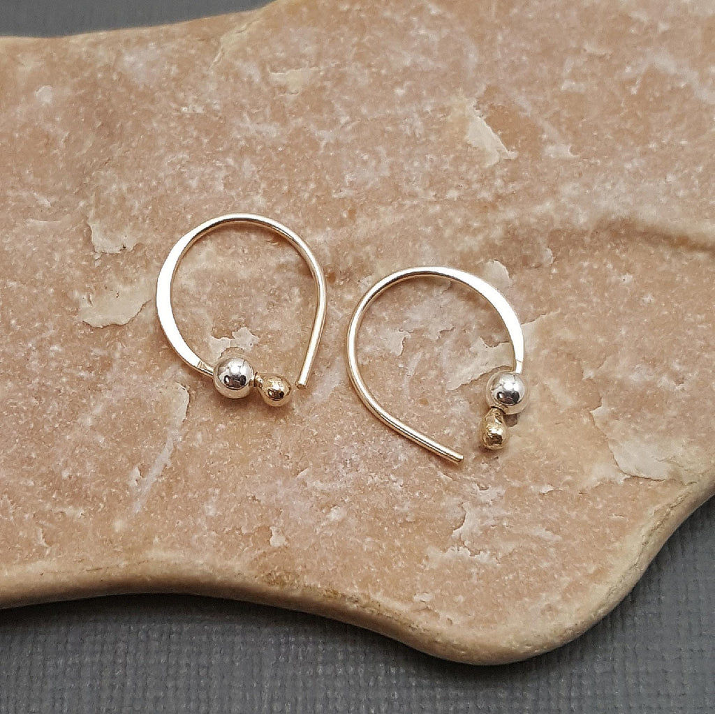 Tiny sleeper hoop earrings. 10k gold earrings. Gold and silver hoops. Tiny bead earrings. Gifts for her. Rose gold earrings. One pair