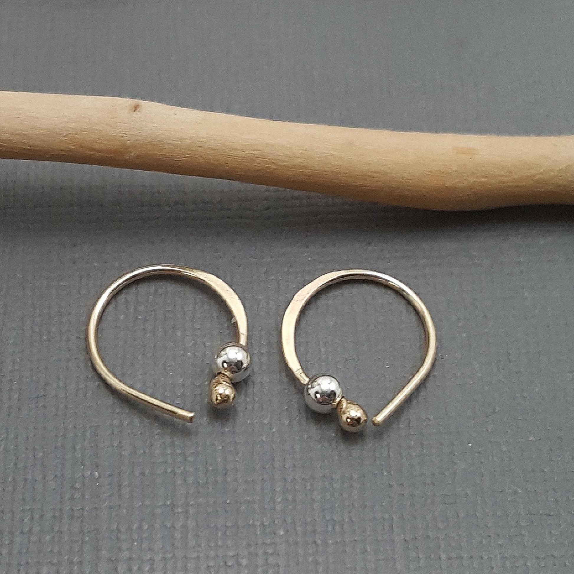 Tiny sleeper hoop earrings. 10k gold earrings. Gold and silver hoops. Tiny bead earrings. Gifts for her. Rose gold earrings. One pair