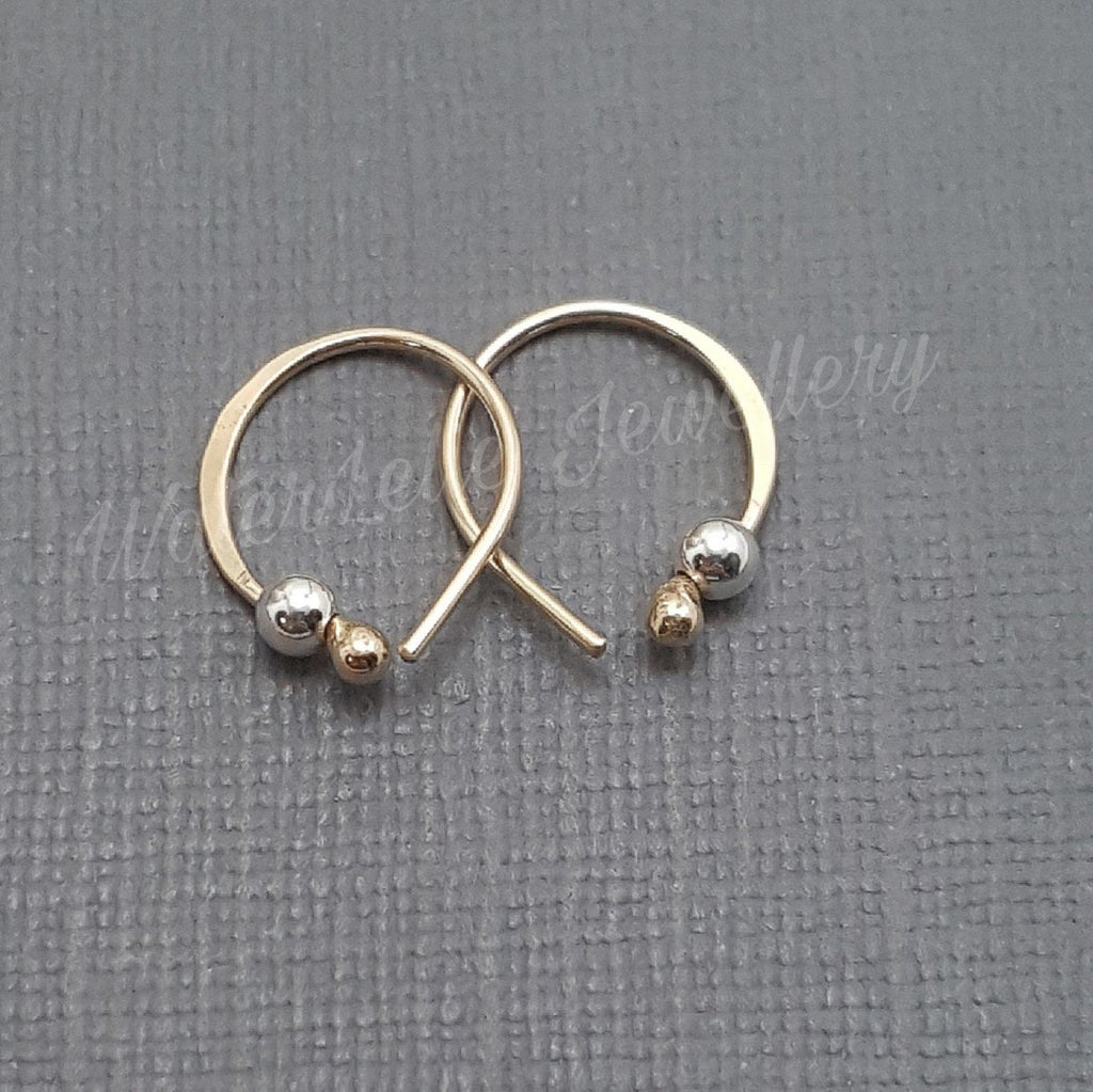 Tiny sleeper hoop earrings. 10k gold earrings. Gold and silver hoops. Tiny bead earrings. Gifts for her. Rose gold earrings. One pair