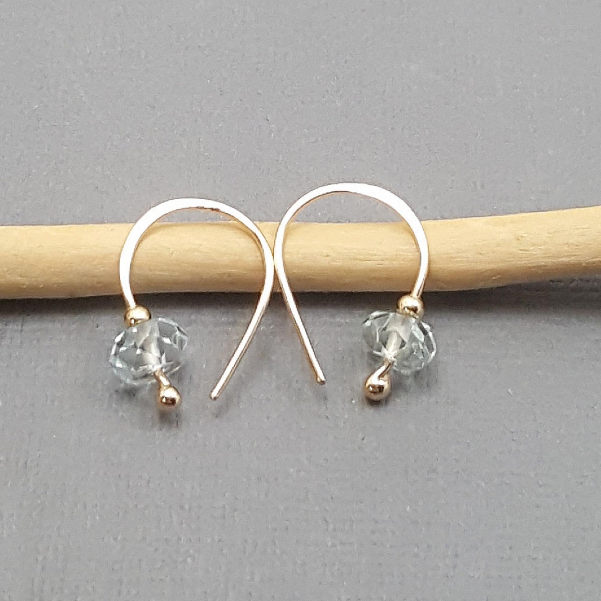 10k Gold Aquamarine Sleeper Hoop Earrings: March Birthstone