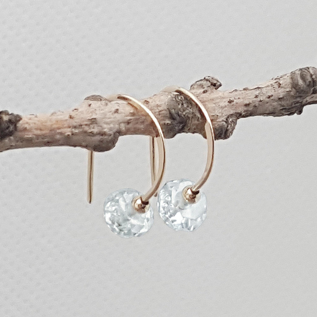 10k Gold Aquamarine Sleeper Hoop Earrings: March Birthstone