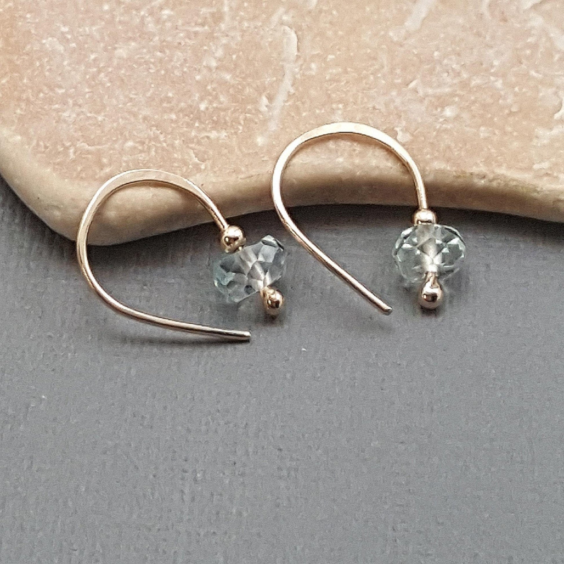 10k Gold Aquamarine Sleeper Hoop Earrings: March Birthstone