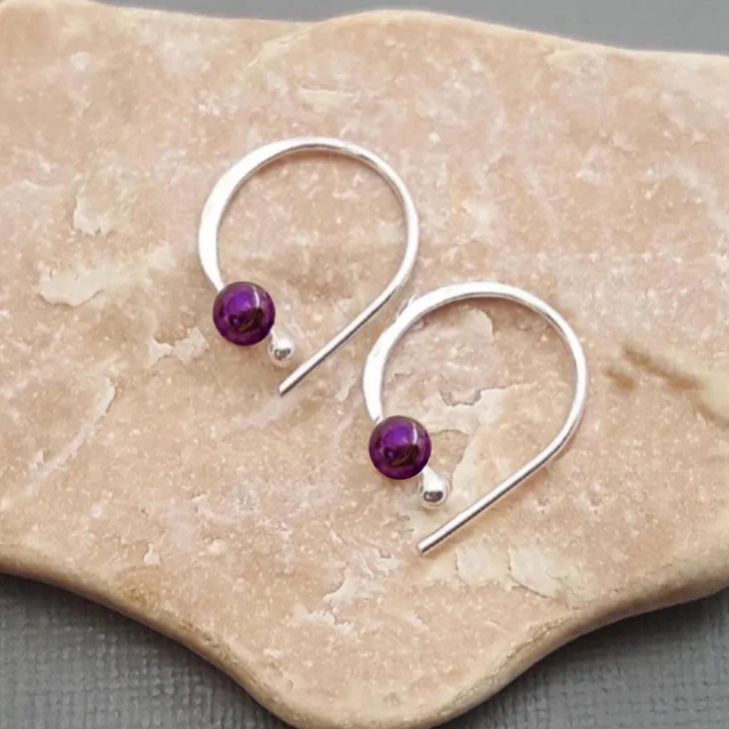 Sterling Silver Sleeper Hoop Earrings: Onyx Bead, Unisex