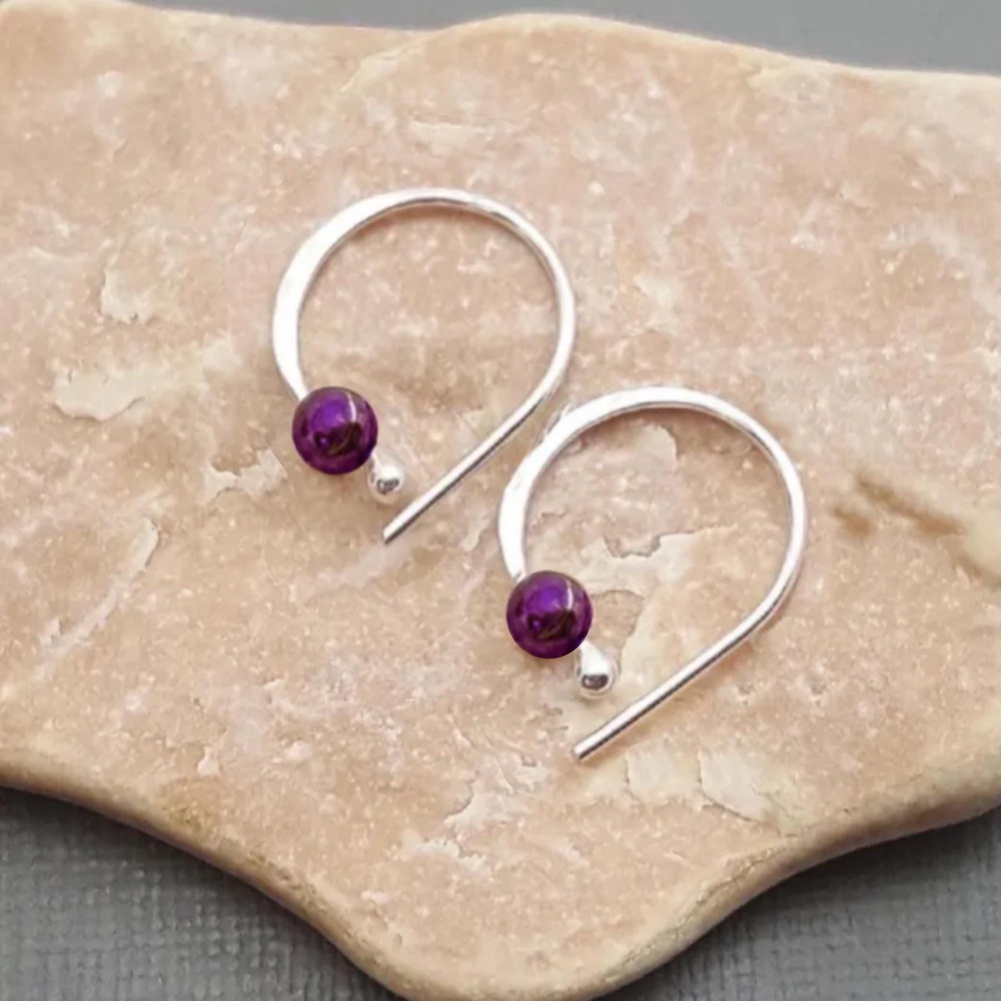 Sterling Silver Sleeper Hoop Earrings: Onyx Bead, Unisex