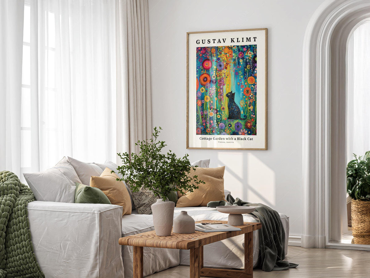 Gustav Klimt Cottage Garden with Black Cat Print – Colorful Wall Art