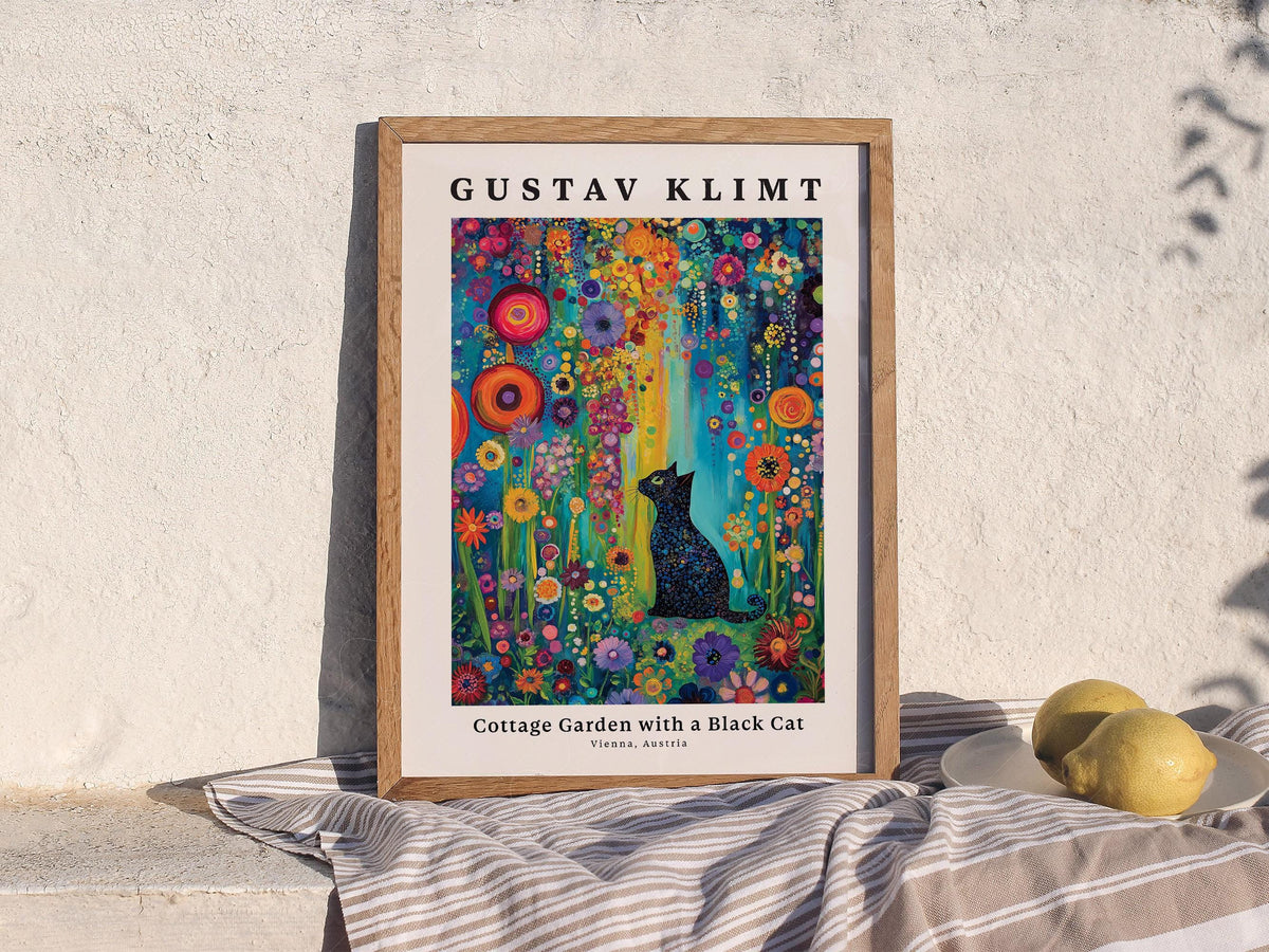 Gustav Klimt Cottage Garden with Black Cat Print – Colorful Wall Art