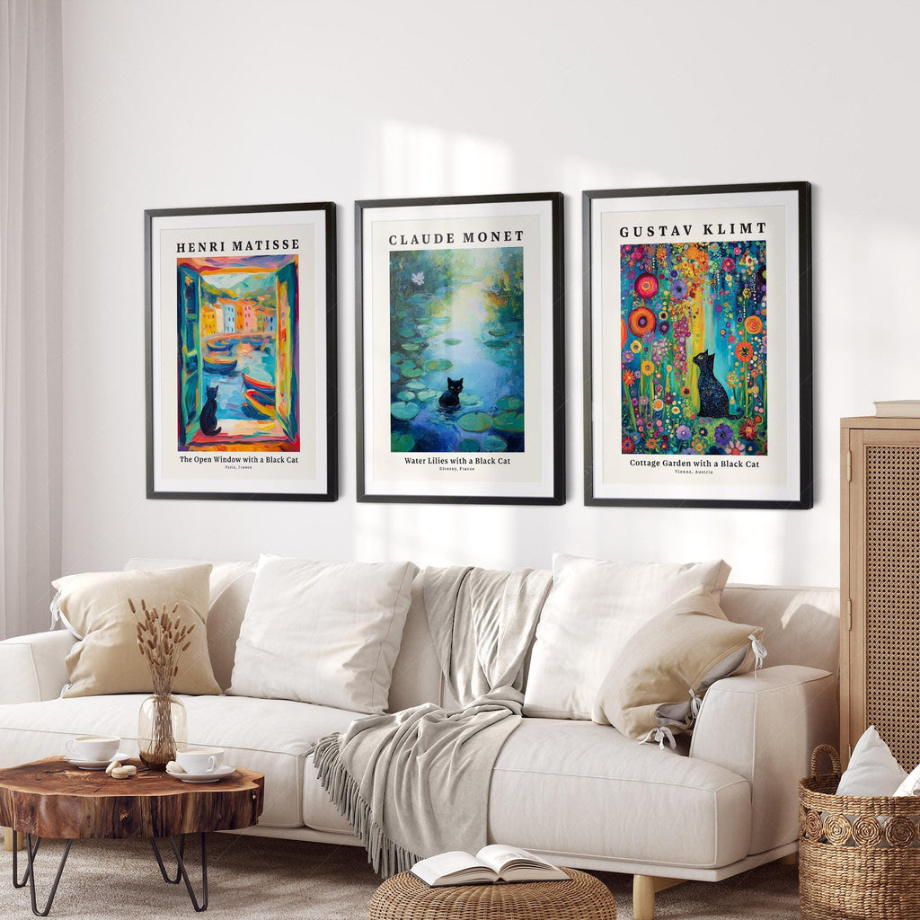 Black Cat Art Print Set of 3 – Matisse Monet Klimt Style Wall Art