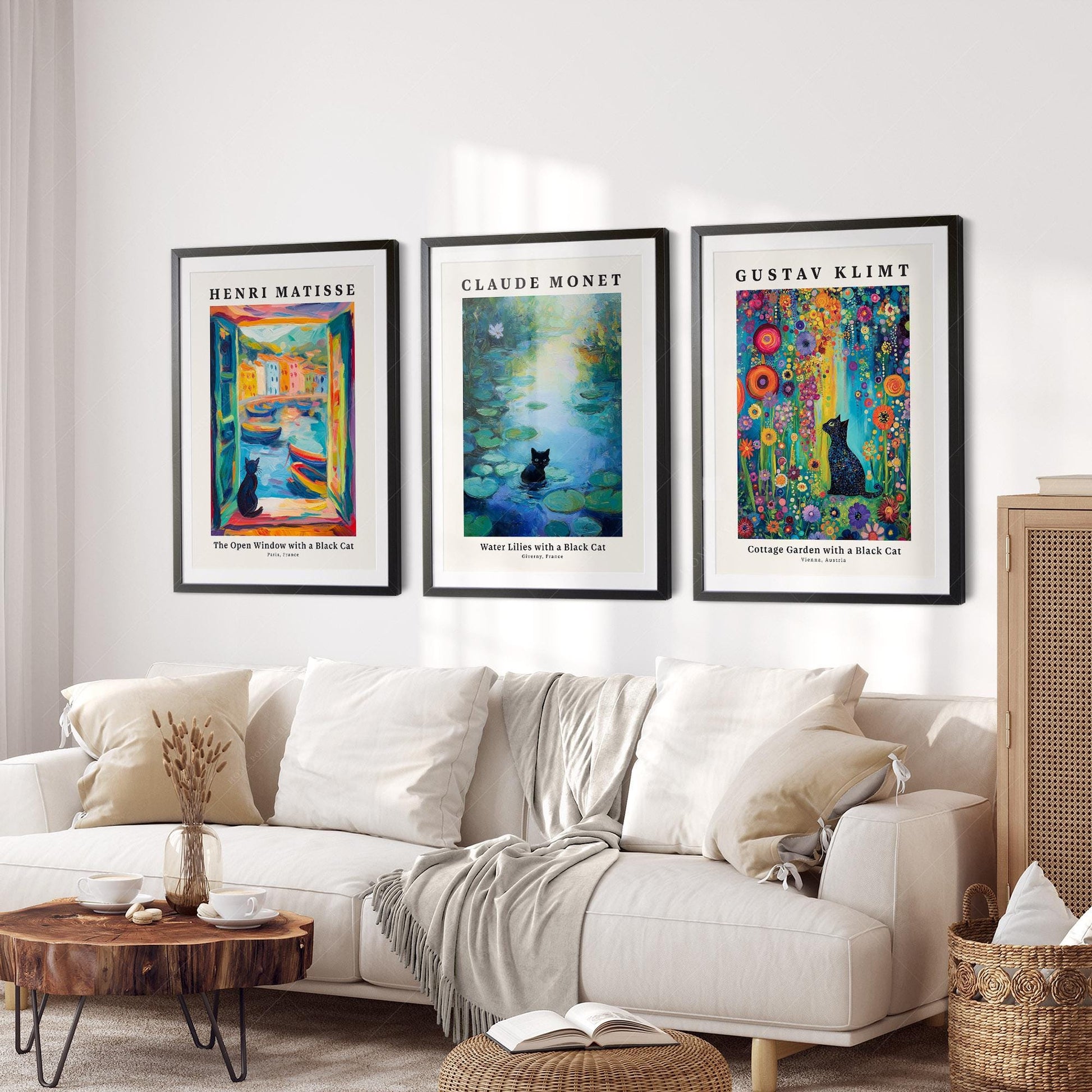Black Cat Art Print Set of 3 – Matisse Monet Klimt Style Wall Art