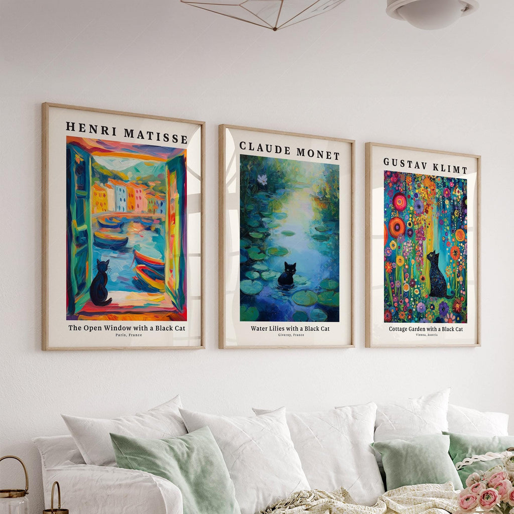 Black Cat Art Print Set of 3 – Matisse Monet Klimt Style Wall Art