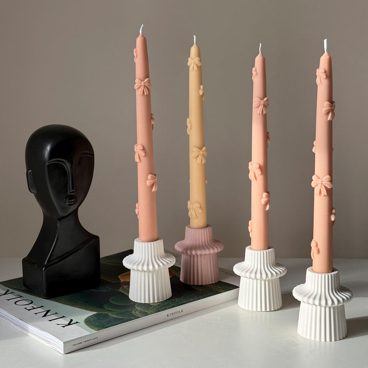 Ribbed Jesmonite Taper Candle Holder: Minimalist Table Decor