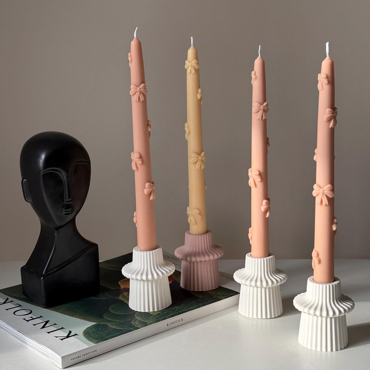Ribbed Jesmonite Taper Candle Holder: Minimalist Table Decor