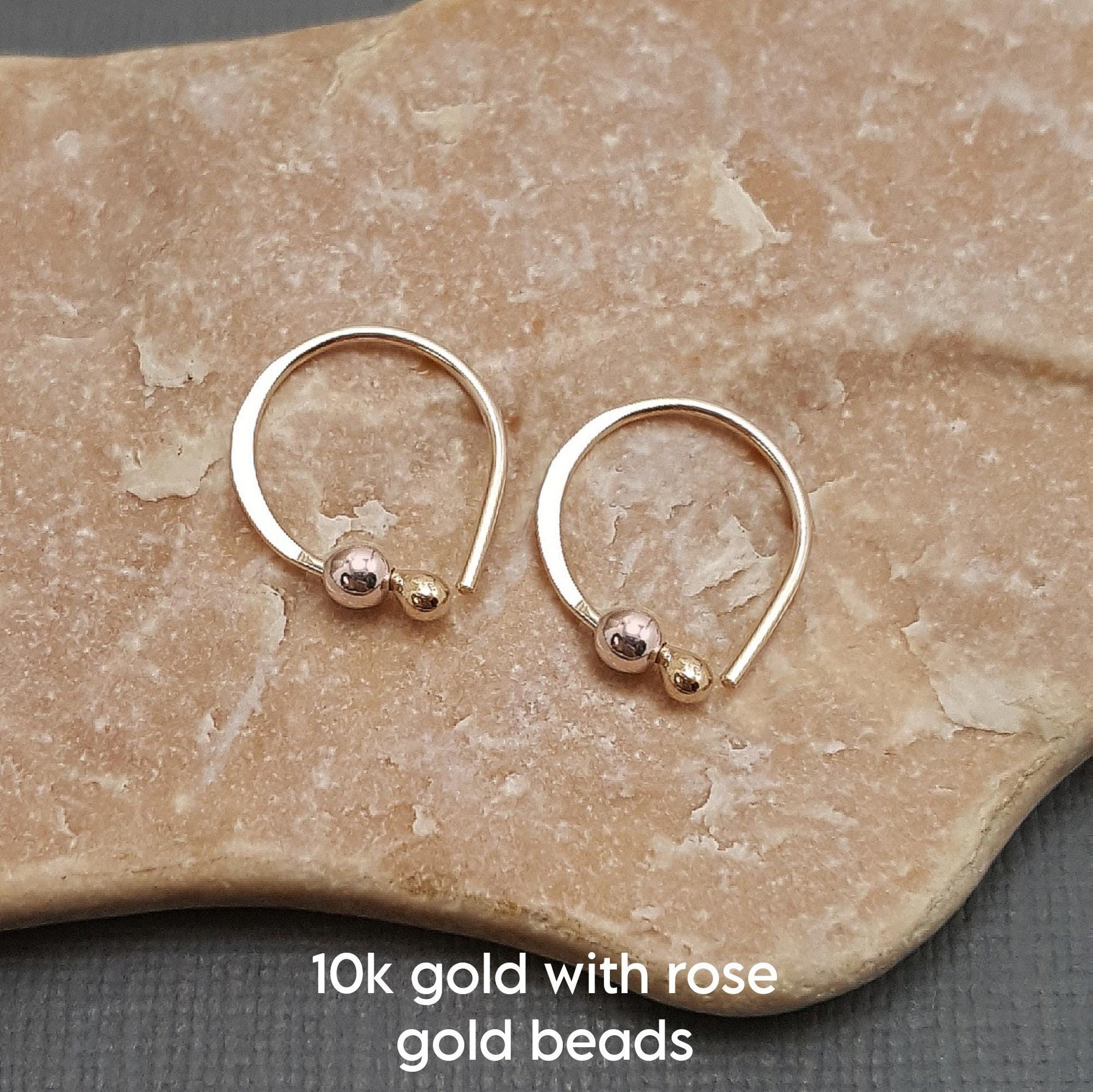 Tiny sleeper hoop earrings. 10k gold earrings. Gold and silver hoops. Tiny bead earrings. Gifts for her. Rose gold earrings. One pair
