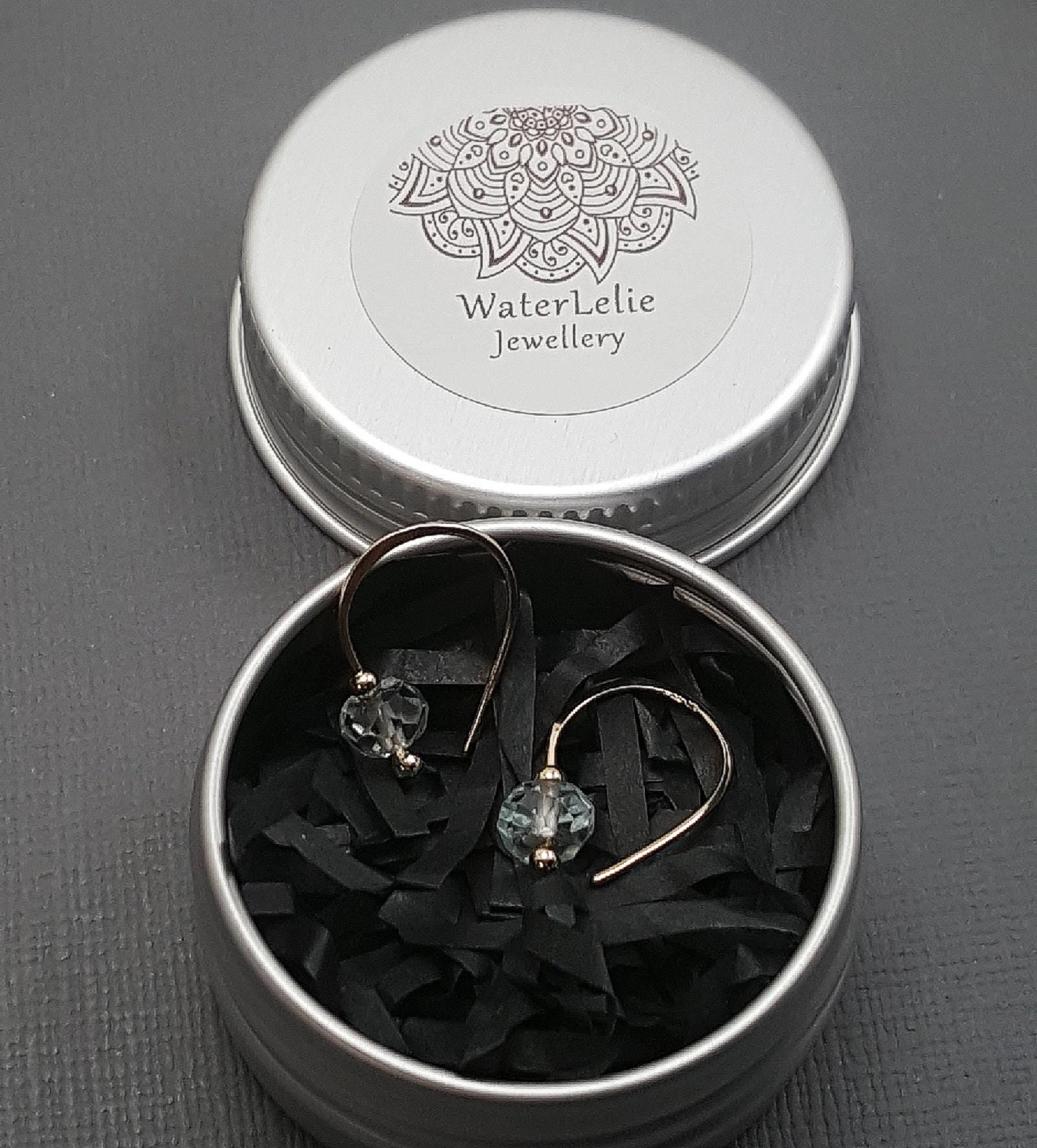 10k Gold Aquamarine Sleeper Hoop Earrings: March Birthstone