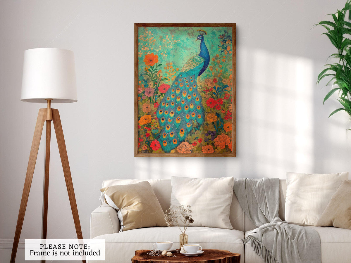 Colorful Peacock Garden Art Print – Vibrant Floral Wall Decor Poster