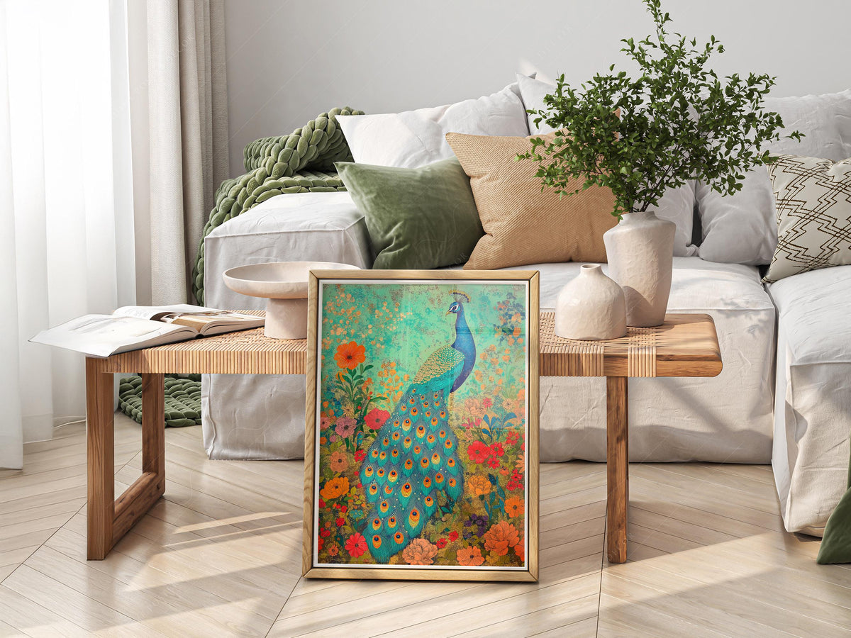 Colorful Peacock Garden Art Print – Vibrant Floral Wall Decor Poster