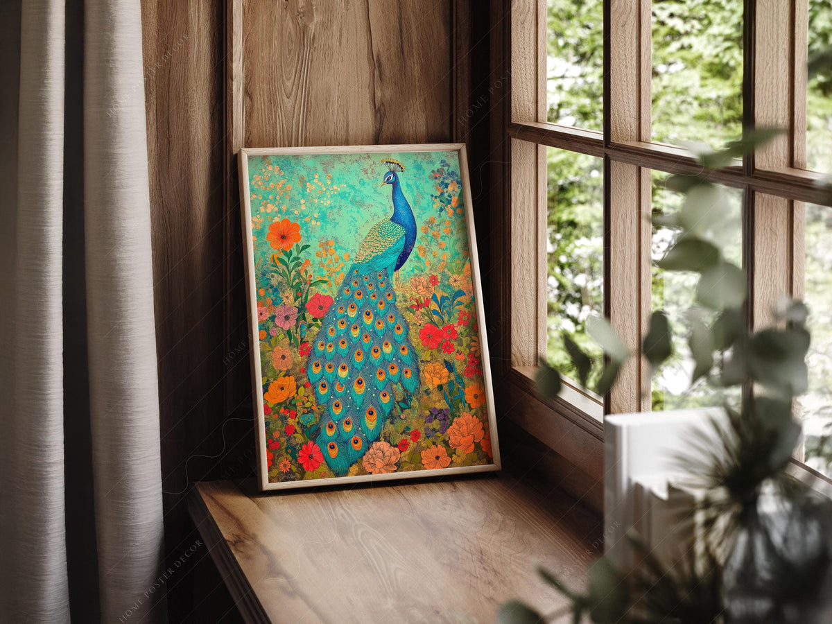 Colorful Peacock Garden Art Print – Vibrant Floral Wall Decor Poster